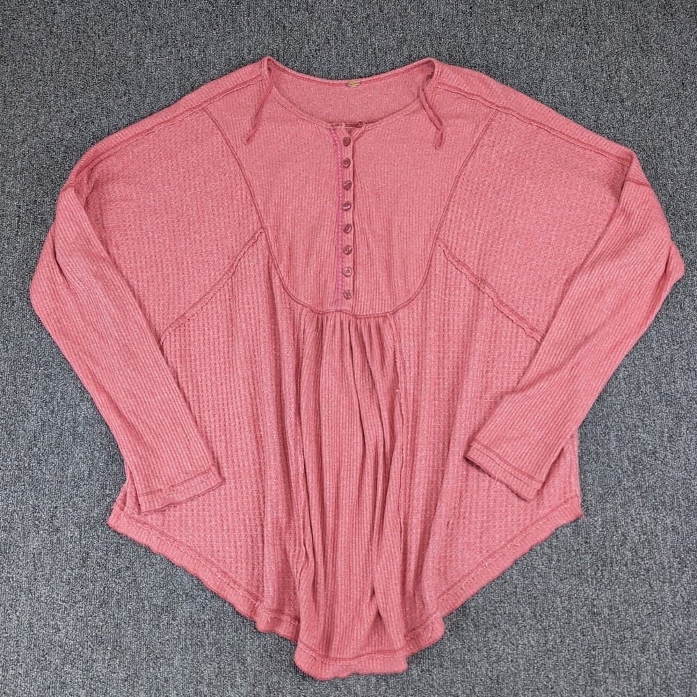 Free People Boho Waffle Knit Henley Top Women Medium Pink Oversized High Low — photo 2